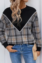Daily Plaid Patchwork O Neck Tops