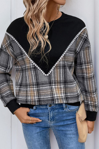 Daily Plaid Patchwork O Neck Tops