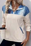 Casual Daily Faux Denim Print Pocket Patchwork Potholes Turndown Collar Tops