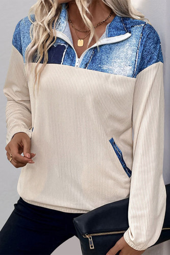 Casual Daily Faux Denim Print Pocket Patchwork Potholes Turndown Collar Tops