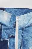 Casual Daily Faux Denim Print Pocket Patchwork Potholes Turndown Collar Tops