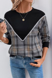 Daily Plaid Patchwork O Neck Tops