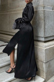 Elegant Solid Color Lace Up Buckle Adjustable Turndown Collar Shirt Dresses