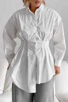 Casual Solid Color Buttons Ruched Turndown Collar Tops