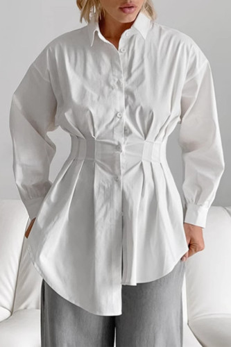Casual Solid Color Buttons Ruched Turndown Collar Tops