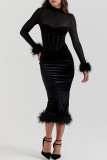 Sexy Solid Color Mesh Feather Hemline Velvet O Neck Wrapped Skirt Dresses