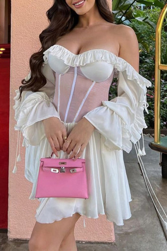 Sexy Solid Color See-Through Ruffle Strapless Waist Skirt Dresses