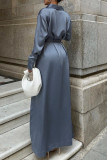 Elegant Solid Color Lace Up Buckle Adjustable Turndown Collar Shirt Dresses