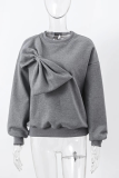 Casual Solid Color Bow Decor O Neck Tops