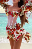 Sexy Flowers See-Through Ruffle Off Shoulder Waist Skirt Dresses