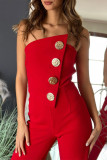 Sexy Solid Color Buttons Irregular Strapless Regular Jumpsuits