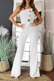 Sexy Solid Color Buttons Irregular Strapless Regular Jumpsuits