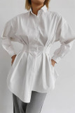 Casual Solid Color Buttons Ruched Turndown Collar Tops