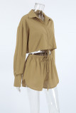 Casual Street Solid Color Lace Up Buttons Turndown Collar Long Sleeve Two Pieces