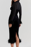 Sexy Solid Color Mesh Feather Hemline Velvet O Neck Wrapped Skirt Dresses