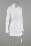 Casual Daily Solid Color Buckle Ruched Turndown Collar Shirt Dresses