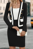 Elegant Solid Color Buttons Patchwork Contrast Cardigan Collar Long Sleeve Two Pieces