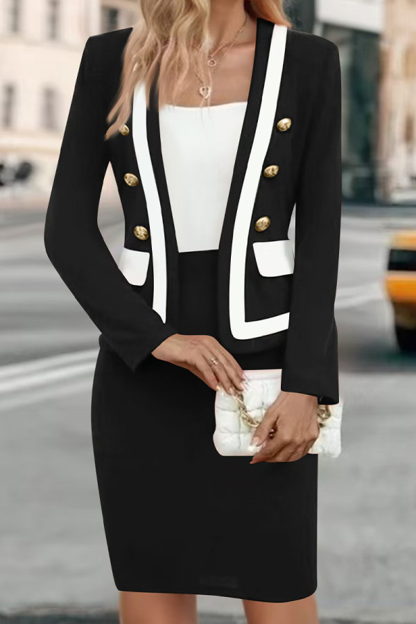 Elegant Solid Color Buttons Patchwork Contrast Cardigan Collar Long Sleeve Two Pieces