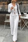 Casual Solid Color Pocket Lace Up V Neck Long Sleeve Two Pieces