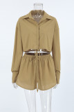 Casual Street Solid Color Lace Up Buttons Turndown Collar Long Sleeve Two Pieces