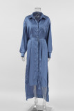 Elegant Solid Color Lace Up Buckle Adjustable Turndown Collar Shirt Dresses