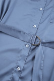 Elegant Solid Color Lace Up Buckle Adjustable Turndown Collar Shirt Dresses