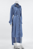 Elegant Solid Color Lace Up Buckle Adjustable Turndown Collar Shirt Dresses