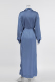 Elegant Solid Color Lace Up Buckle Adjustable Turndown Collar Shirt Dresses
