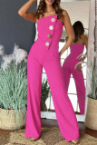 Sexy Solid Color Buttons Irregular Strapless Regular Jumpsuits