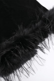 Sexy Solid Color Mesh Feather Hemline Velvet O Neck Wrapped Skirt Dresses