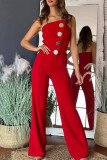 Sexy Solid Color Buttons Irregular Strapless Regular Jumpsuits