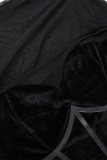 Sexy Solid Color Mesh Feather Hemline Velvet O Neck Wrapped Skirt Dresses