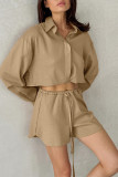 Casual Street Solid Color Lace Up Buttons Turndown Collar Long Sleeve Two Pieces