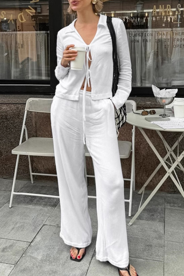 Casual Solid Color Pocket Lace Up V Neck Long Sleeve Two Pieces