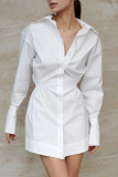 Casual Daily Solid Color Buckle Ruched Turndown Collar Shirt Dresses