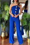 Sexy Solid Color Buttons Irregular Strapless Regular Jumpsuits