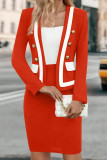 Elegant Solid Color Buttons Patchwork Contrast Cardigan Collar Long Sleeve Two Pieces