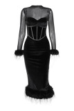 Sexy Solid Color Mesh Feather Hemline Velvet O Neck Wrapped Skirt Dresses