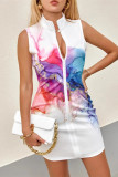 Casual Tie Dye Print Patchwork Zipper Mandarin Collar Sleeveless Dresses