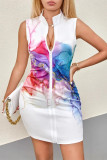 Casual Tie Dye Print Patchwork Zipper Mandarin Collar Sleeveless Dresses