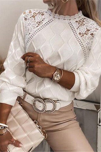 Daily Celebrities Solid Color Lace O Neck Tops