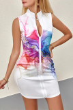 Casual Tie Dye Print Patchwork Zipper Mandarin Collar Sleeveless Dresses