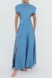 Elegant Solid Color Pocket Slit Zipper Half A Turtleneck Long Dresses