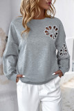 Casual Solid Color Hollow Out Pearls Decor O Neck Tops