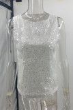 Sexy Solid Color Sequins Sequined O Neck Tops
