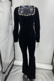 Sexy Solid Color Zipper Rhinestone Decor Velvet Square Neck Regular Jumpsuits