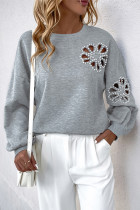 Casual Solid Color Hollow Out Pearls Decor O Neck Tops