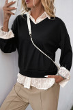 Casual Solid Color Lace Patchwork Turndown Collar Tops