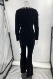 Sexy Solid Color Zipper Rhinestone Decor Velvet Square Neck Regular Jumpsuits