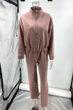 Casual Sportswear Solid Color Pocket Lace Up Mandarin Collar Long Sleeve Two Pieces
